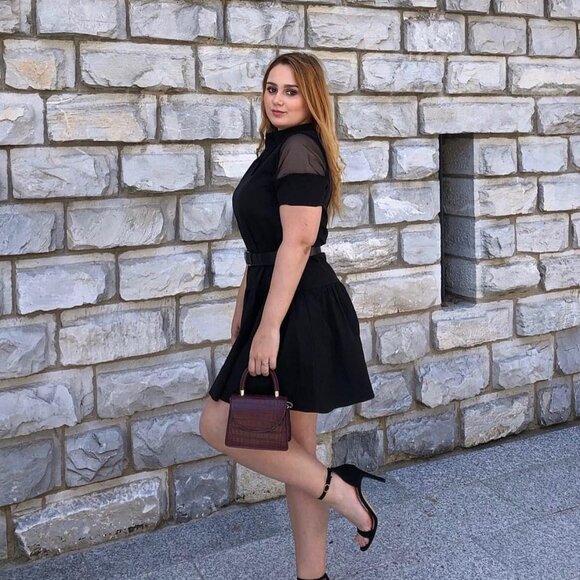 Dropwaist Mesh Sleeve Shirt Mini Dress - Black - POCKETS - Picture 10 of 15